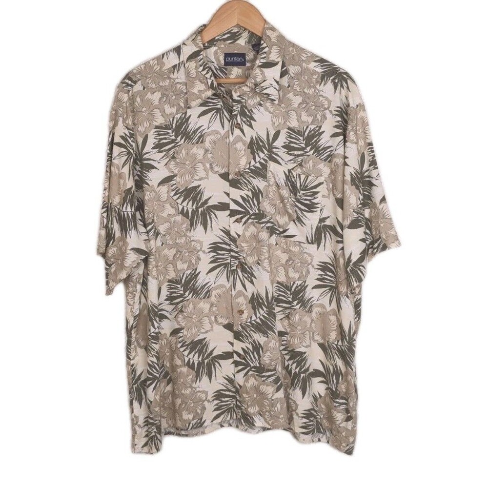 Puritan Hawaiian Aloha Shirt  Short Sleeve Green and Cream Floral Vintage XL